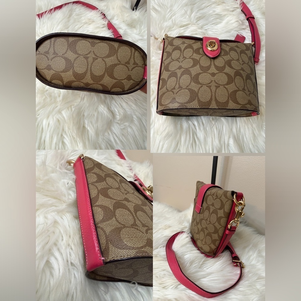 Coach c2817 Addie Crossbody In Signature Canvas Khaki Fuschia Org $328 - Picture 4 of 13